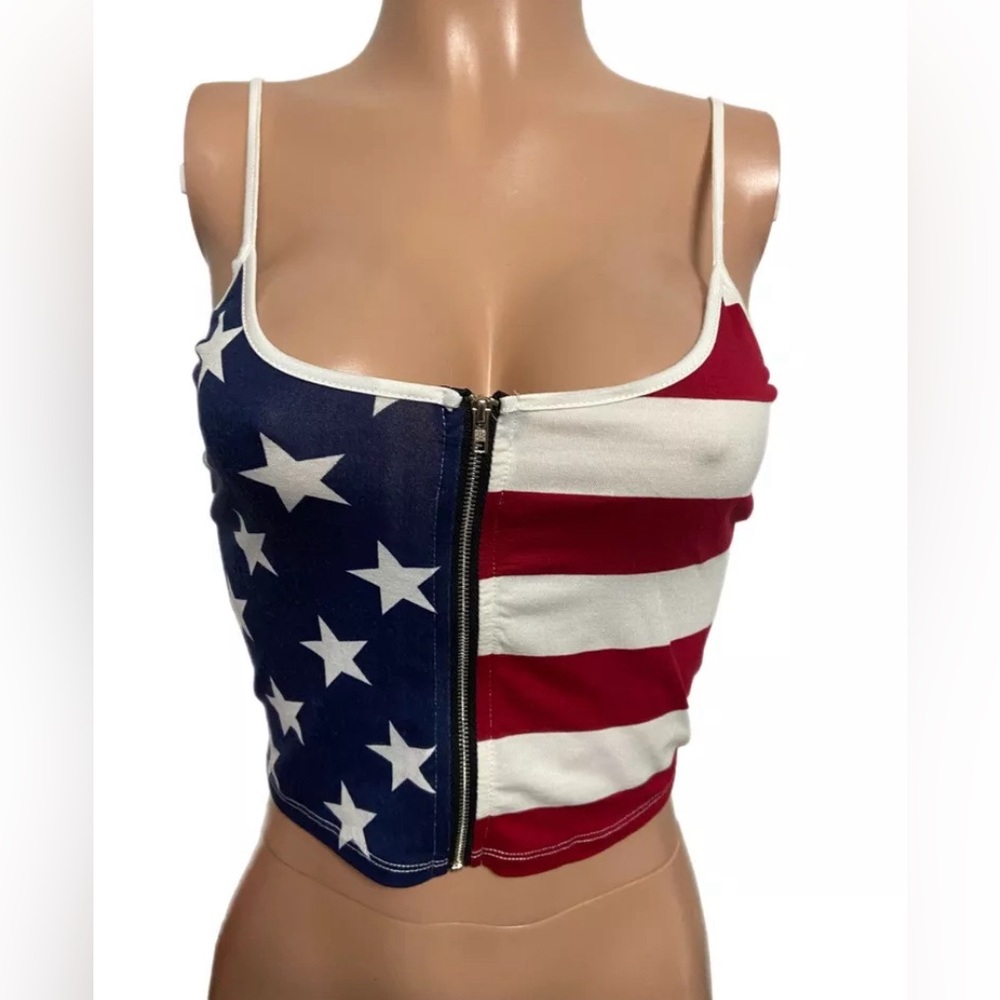 Red W & B flag zip up crop top new stretchy Patriotic tank top USA Rally Party